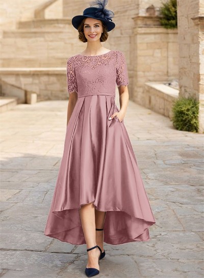 Lace Satin A-Line Asymmetrical Mother Of The Bride Dresses With Short Sleeves