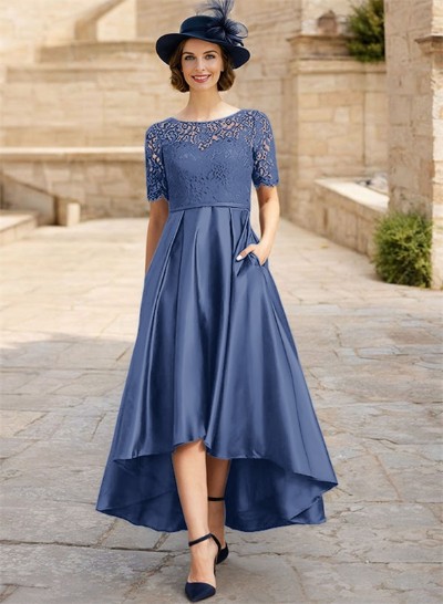 Lace Satin A-Line Asymmetrical Mother Of The Bride Dresses With Short Sleeves