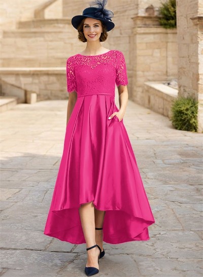 Lace Satin A-Line Asymmetrical Mother Of The Bride Dresses With Short Sleeves