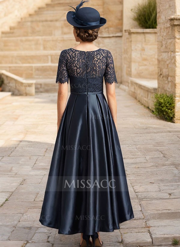 Lace Satin A-Line Asymmetrical Mother Of The Bride Dresses With Short Sleeves