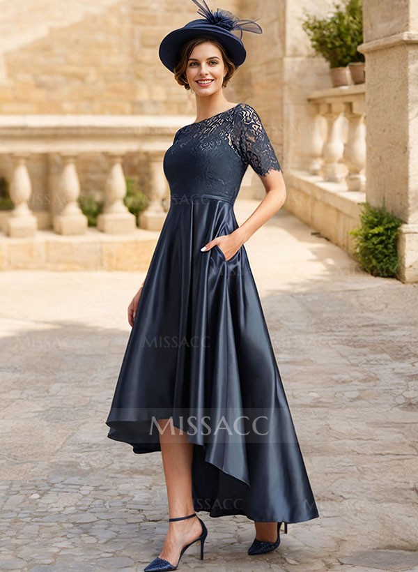 Lace Satin A-Line Asymmetrical Mother Of The Bride Dresses With Short Sleeves