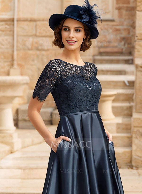 Lace Satin A-Line Asymmetrical Mother Of The Bride Dresses With Short Sleeves