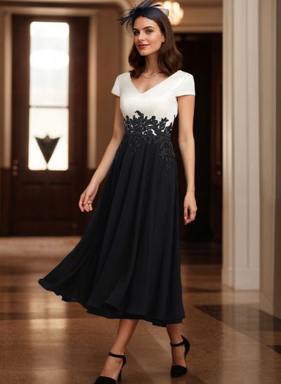 A-Line V-Neck Tea-Length Mother Of The Bride Dresses With Chiffon