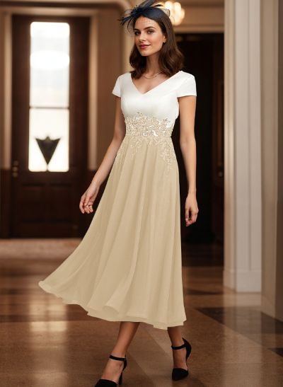 A-Line V-Neck Tea-Length Mother Of The Bride Dresses With Chiffon