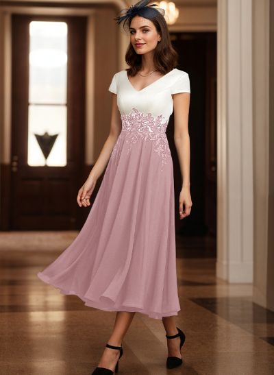 A-Line V-Neck Tea-Length Mother Of The Bride Dresses With Chiffon