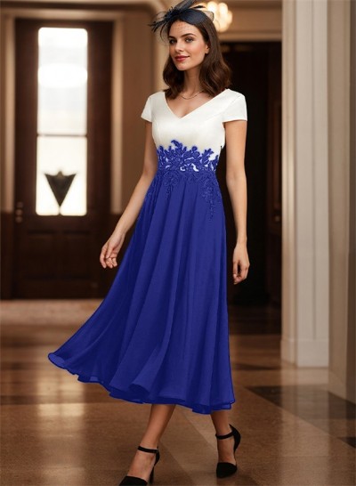 A-Line V-Neck Tea-Length Mother Of The Bride Dresses With Chiffon