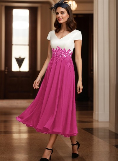 A-Line V-Neck Tea-Length Mother Of The Bride Dresses With Chiffon