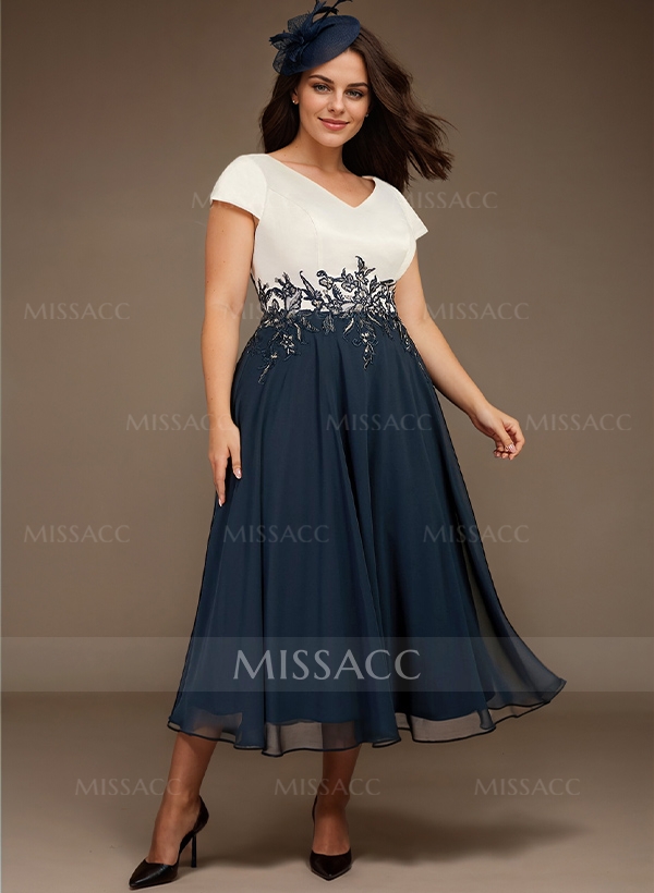 A-Line V-Neck Tea-Length Mother Of The Bride Dresses With Chiffon