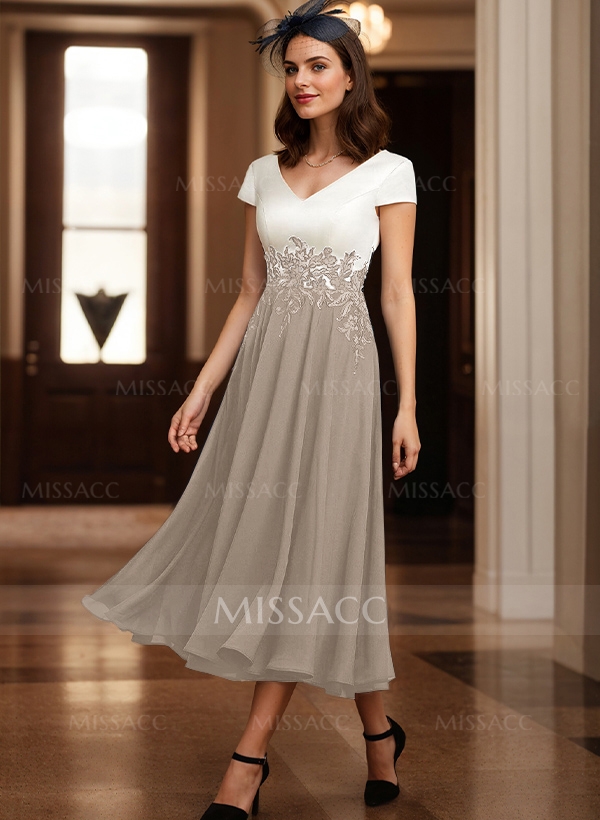 A-Line V-Neck Tea-Length Mother Of The Bride Dresses With Chiffon