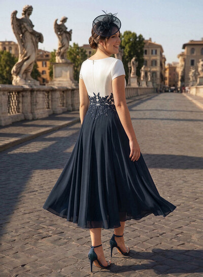 A-Line V-Neck Tea-Length Mother Of The Bride Dresses With Chiffon