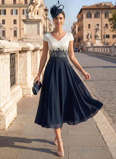 A-Line V-Neck Tea-Length Mother Of The Bride Dresses With Chiffon