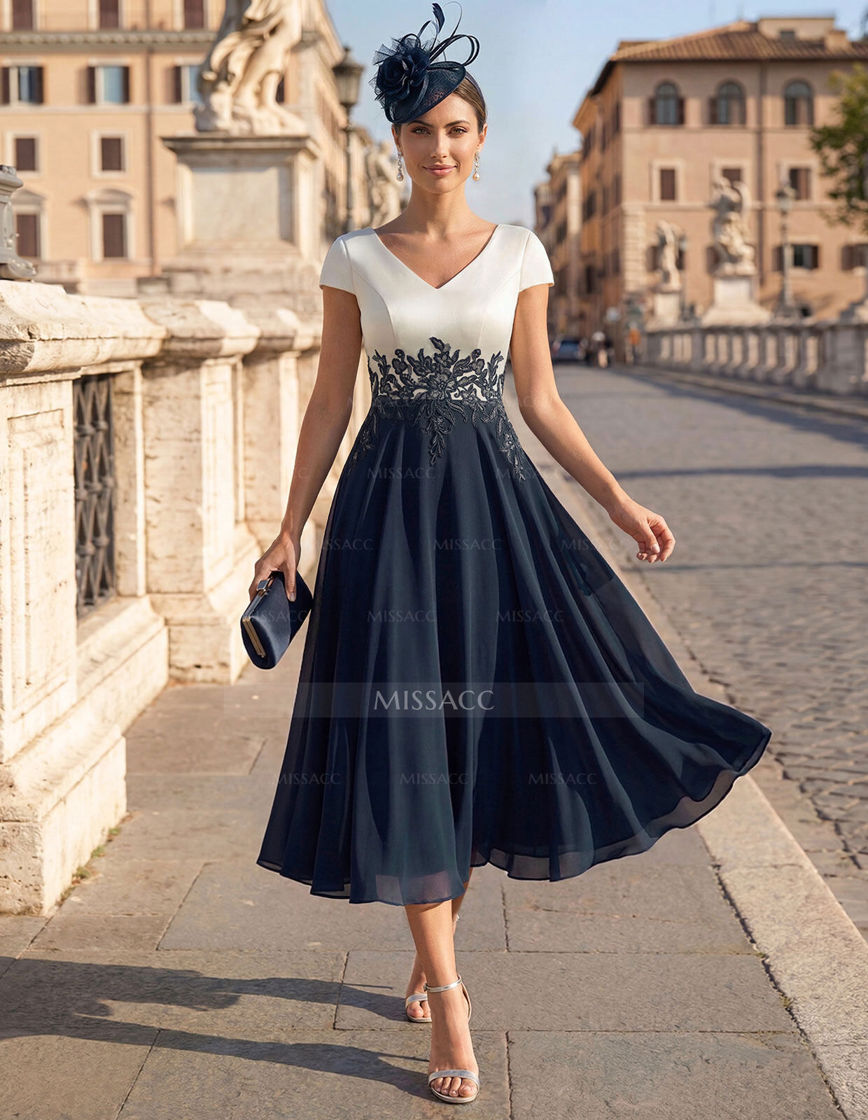 A-Line V-Neck Tea-Length Mother Of The Bride Dresses With Chiffon