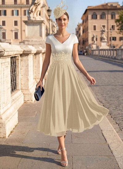 A-Line V-Neck Tea-Length Mother Of The Bride Dresses With Chiffon