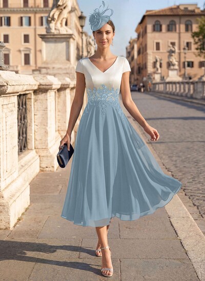 A-Line V-Neck Tea-Length Mother Of The Bride Dresses With Chiffon