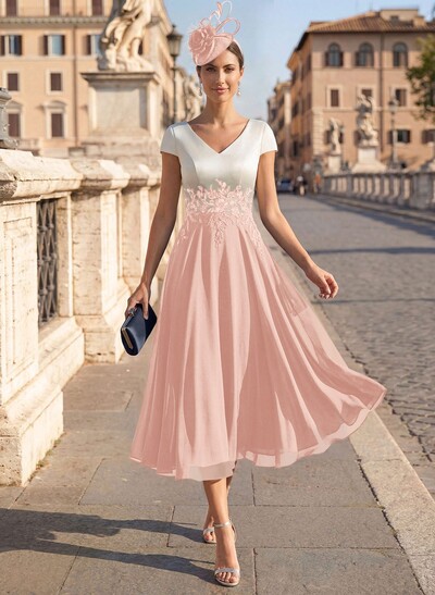 A-Line V-Neck Tea-Length Mother Of The Bride Dresses With Chiffon