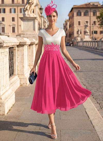 A-Line V-Neck Tea-Length Mother Of The Bride Dresses With Chiffon
