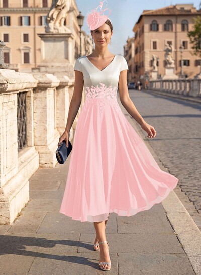 A-Line V-Neck Tea-Length Mother Of The Bride Dresses With Chiffon