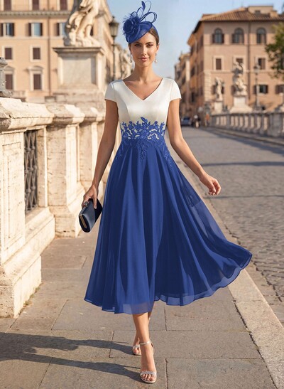 A-Line V-Neck Tea-Length Mother Of The Bride Dresses With Chiffon