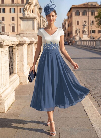 A-Line V-Neck Tea-Length Mother Of The Bride Dresses With Chiffon