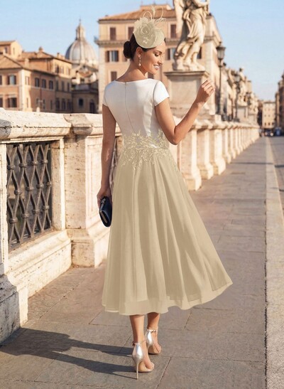 A-Line V-Neck Tea-Length Mother Of The Bride Dresses With Chiffon