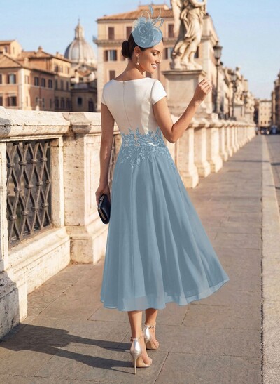 A-Line V-Neck Tea-Length Mother Of The Bride Dresses With Chiffon