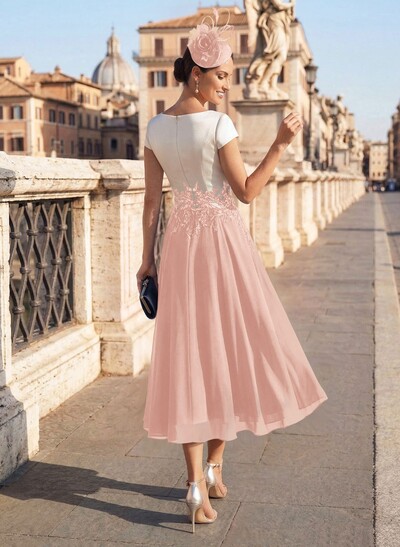 A-Line V-Neck Tea-Length Mother Of The Bride Dresses With Chiffon