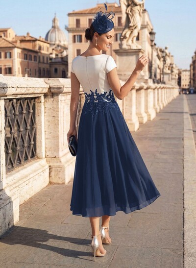 A-Line V-Neck Tea-Length Mother Of The Bride Dresses With Chiffon