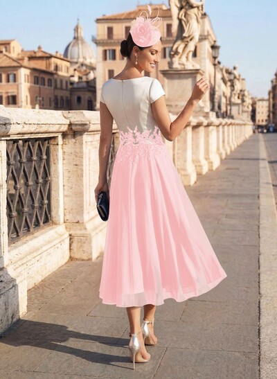 A-Line V-Neck Tea-Length Mother Of The Bride Dresses With Chiffon