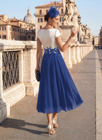 A-Line V-Neck Tea-Length Mother Of The Bride Dresses With Chiffon