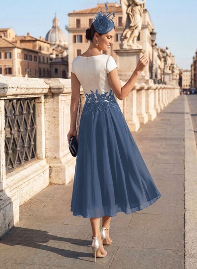 A-Line V-Neck Tea-Length Mother Of The Bride Dresses With Chiffon