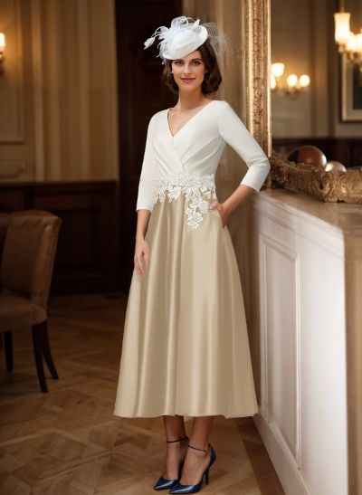 A-Line V-Neck Satin Mother Of The Bride Dresses With Appliques Lace