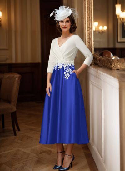 A-Line V-Neck Satin Mother Of The Bride Dresses With Appliques Lace