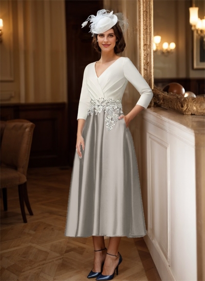 A-Line V-Neck Satin Mother Of The Bride Dresses With Appliques Lace