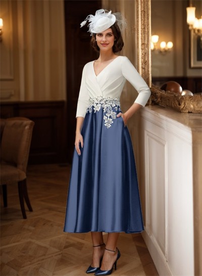 A-Line V-Neck Satin Mother Of The Bride Dresses With Appliques Lace