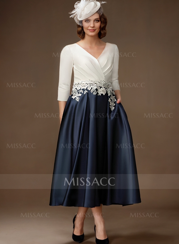 A-Line V-Neck Satin Mother Of The Bride Dresses With Appliques Lace