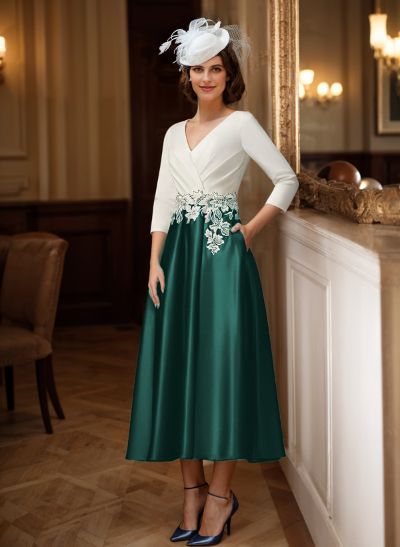 A-Line V-Neck Satin Mother Of The Bride Dresses With Appliques Lace