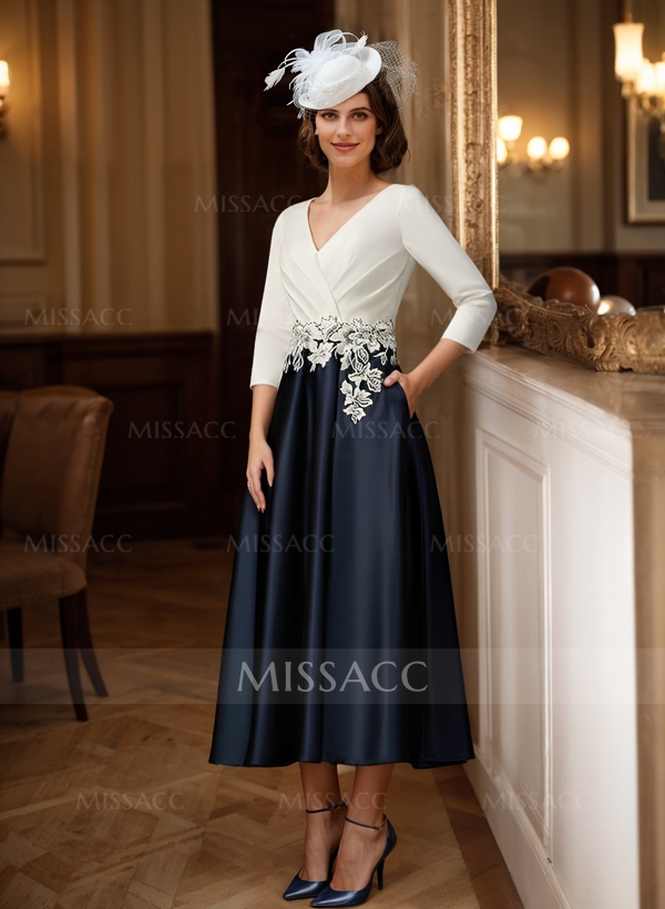 A-Line V-Neck Satin Mother Of The Bride Dresses With Appliques Lace