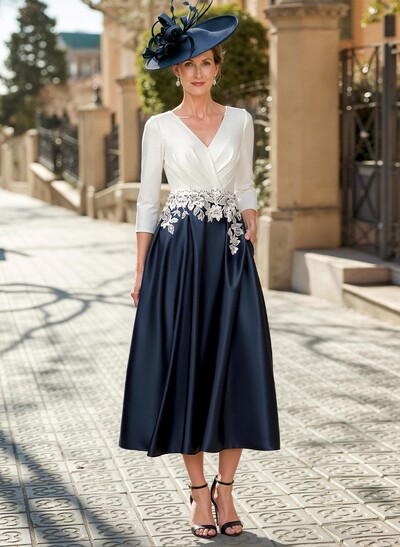 A-Line V-Neck Satin Mother Of The Bride Dresses With Appliques Lace