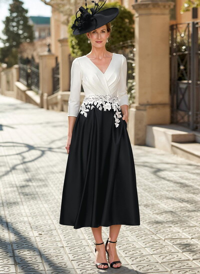 A-Line V-Neck Satin Mother Of The Bride Dresses With Appliques Lace