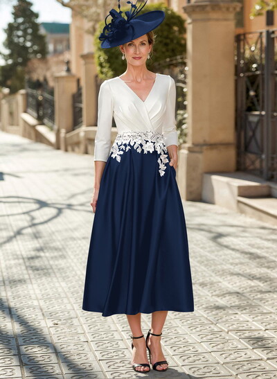 A-Line V-Neck Satin Mother Of The Bride Dresses With Appliques Lace