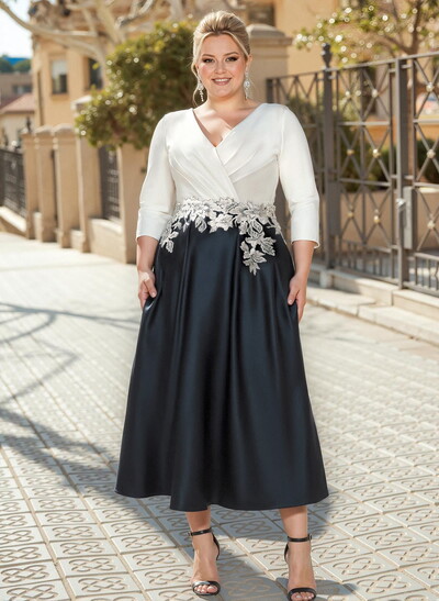 A-Line V-Neck Satin Mother Of The Bride Dresses With Appliques Lace