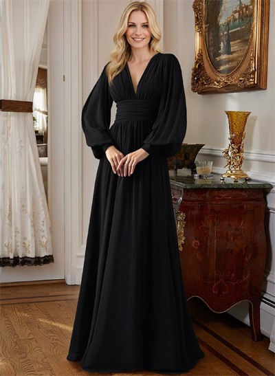 A-Line V-Neck Long Sleeves Chiffon Mother Of The Bride Dresses