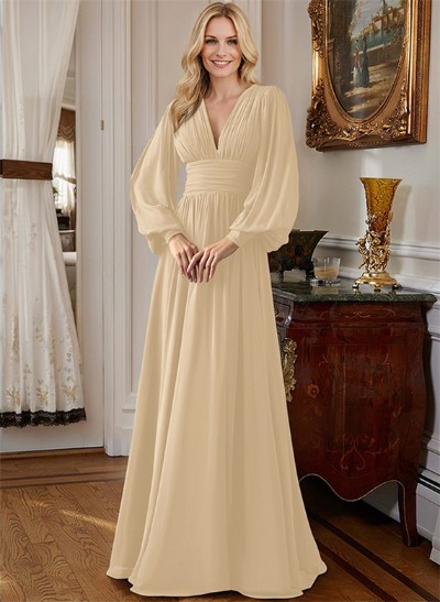 A-Line V-Neck Long Sleeves Chiffon Mother Of The Bride Dresses