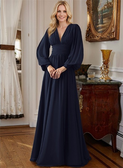 A-Line V-Neck Long Sleeves Chiffon Mother Of The Bride Dresses