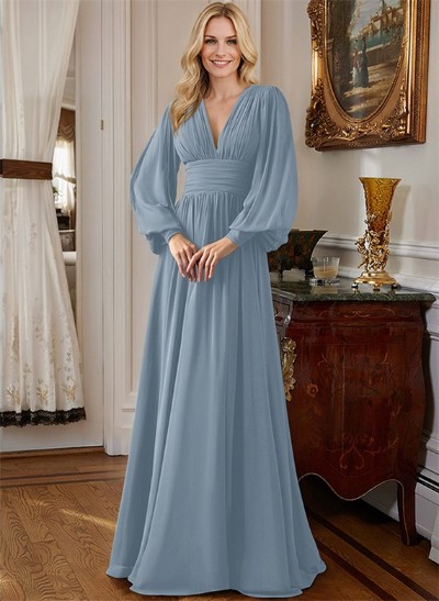 A-Line V-Neck Long Sleeves Chiffon Mother Of The Bride Dresses