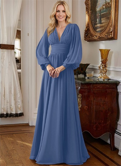 A-Line V-Neck Long Sleeves Chiffon Mother Of The Bride Dresses