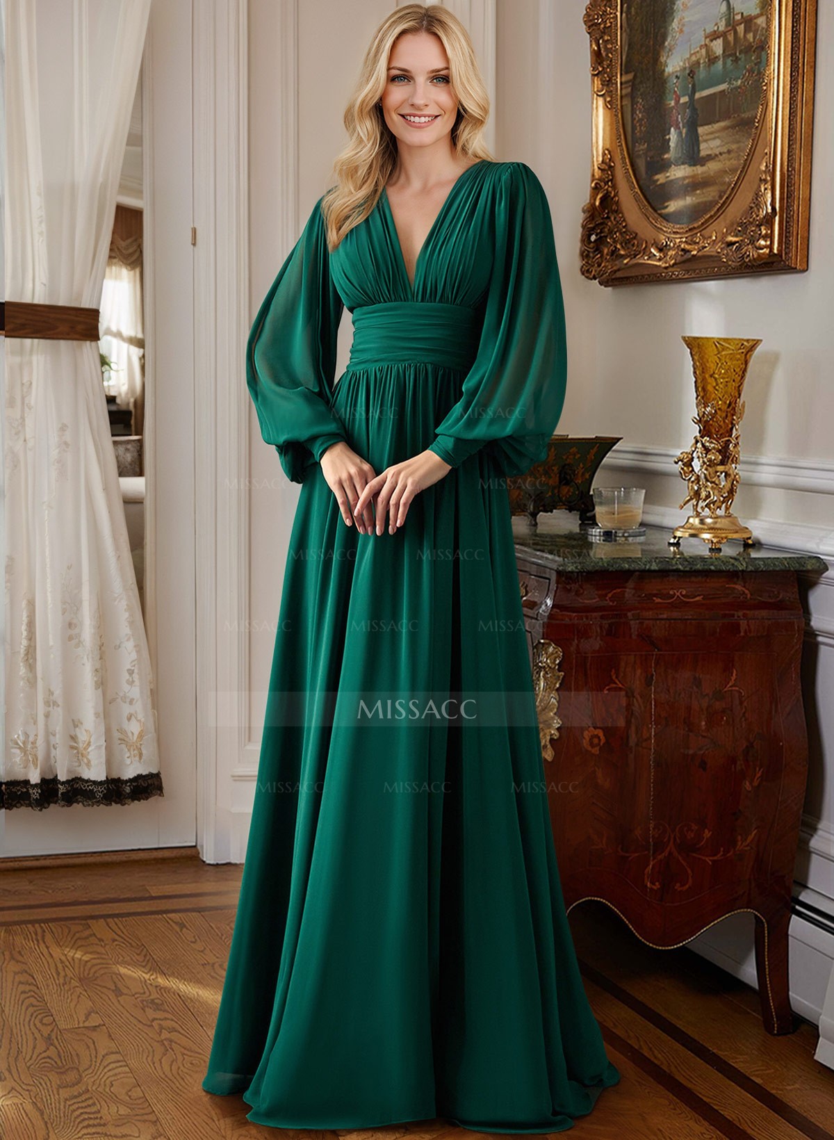 A-Line V-Neck Long Sleeves Chiffon Mother Of The Bride Dresses