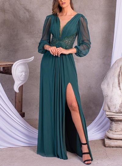 A-Line Illusion Neck Long Sleeves Chiffon Mother Of The Bride Dresses