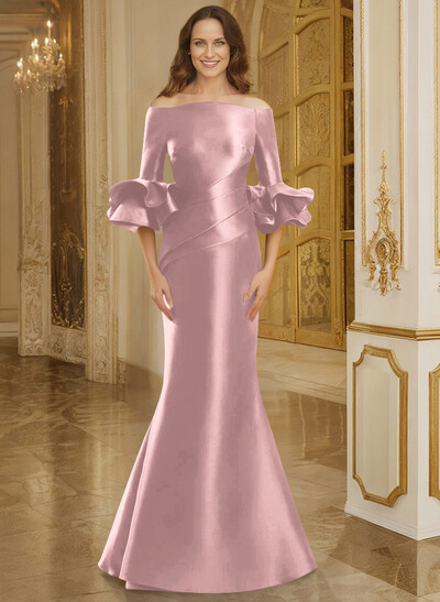 Flattering Off-The-Shoulder Satin Mother Of The Bride Dresses With Ruffle