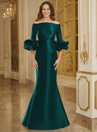 Flattering Off-The-Shoulder Satin Mother Of The Bride Dresses With Ruffle